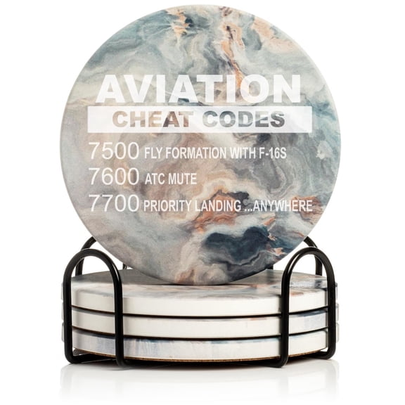 Set of 4 Drink Coasters with Holder Gift Aviation Cheat Codes Pilot (Absorbent Ceramic Marble)