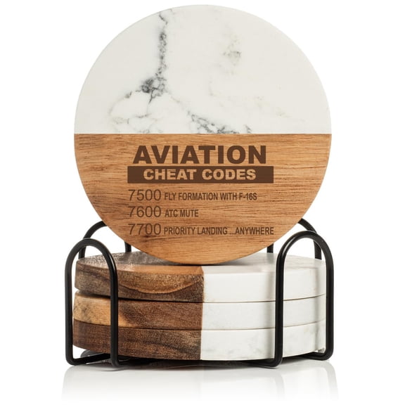 Set of 4 Drink Coasters with Holder Gift Aviation Cheat Codes Pilot (Acacia Wood & Marble)