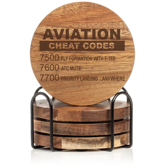 Set of 4 Drink Coasters with Holder Gift Aviation Cheat Codes Pilot (Acacia Wood)