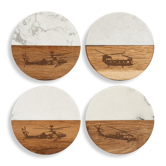 Set of 4 Drink Coasters with Holder Gift Aviation Military Helicopters (Acacia Wood & Marble)