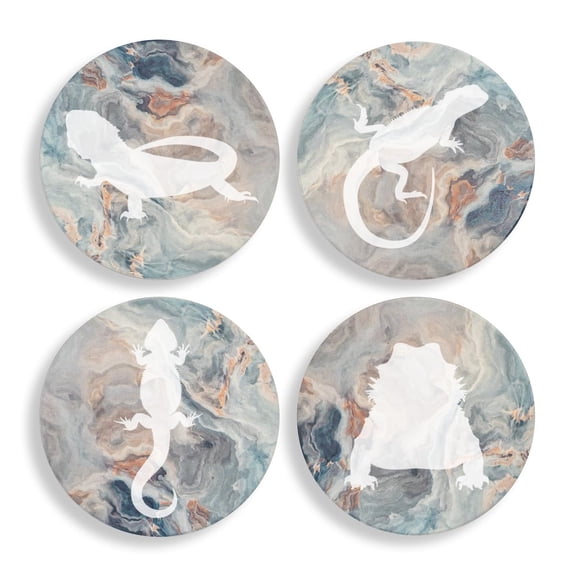 Set of 4 Drink Coasters with Holder Gift Bearded Dragon Lizard Collection (Absorbent Ceramic Marble)