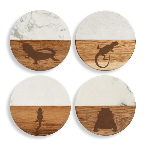 Set of 4 Drink Coasters with Holder Gift Bearded Dragon Lizard Collection (Acacia Wood & Marble)