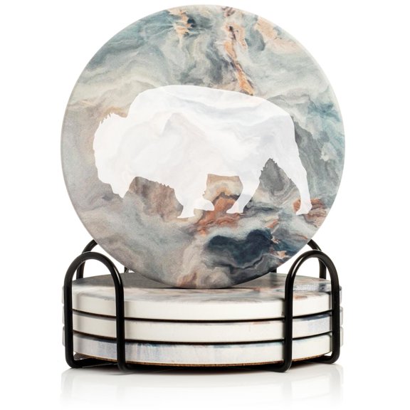 Set of 4 Drink Coasters with Holder Gift Buffalo (Absorbent Ceramic Marble)