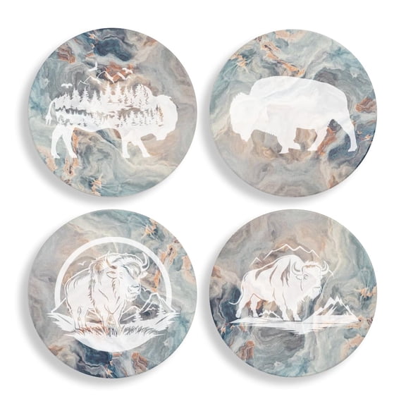 Set of 4 Drink Coasters with Holder Gift Buffalo Bison Collection (Absorbent Ceramic Marble)