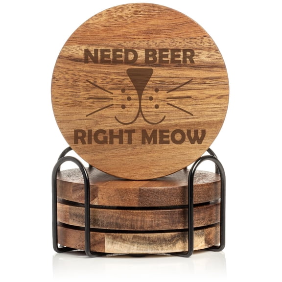 Set of 4 Drink Coasters with Holder Gift Cat Face Need Beer Right Meow Funny (Acacia Wood)