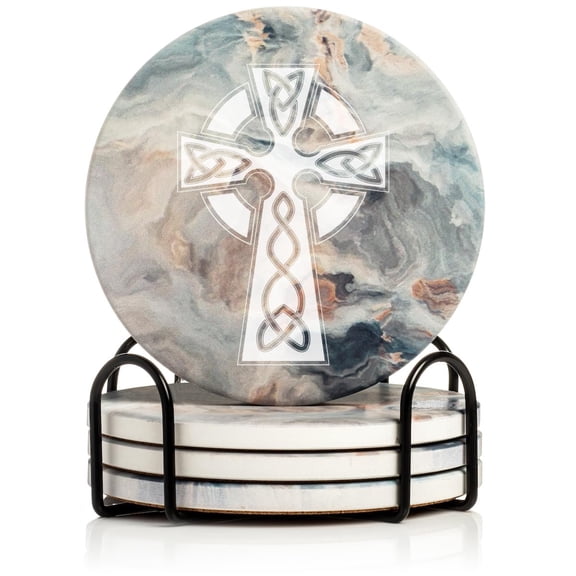 Set of 4 Drink Coasters with Holder Gift Celtic Cross (Absorbent Ceramic Marble)
