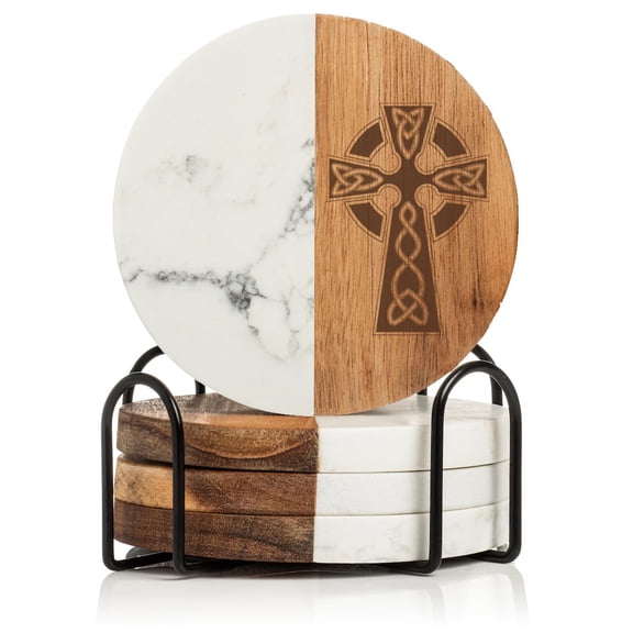 Set of 4 Drink Coasters with Holder Gift Celtic Cross (Acacia Wood & Marble)