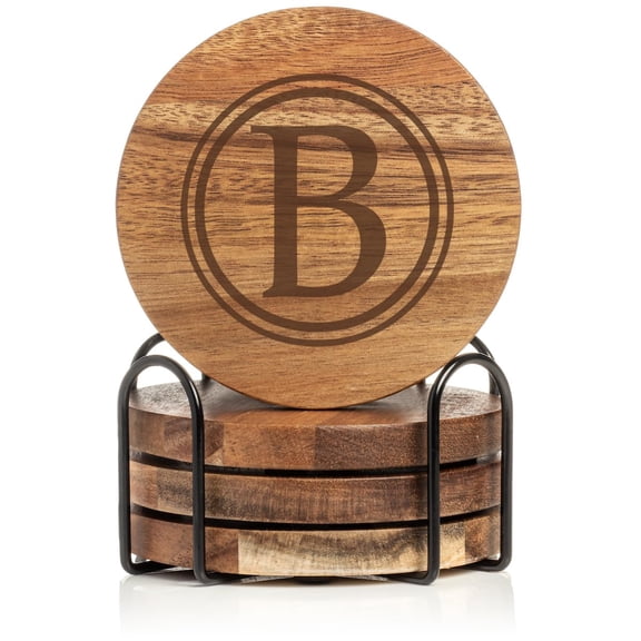 Set of 4 Drink Coasters with Holder Gift Circle Letter B Monogram (Acacia Wood)
