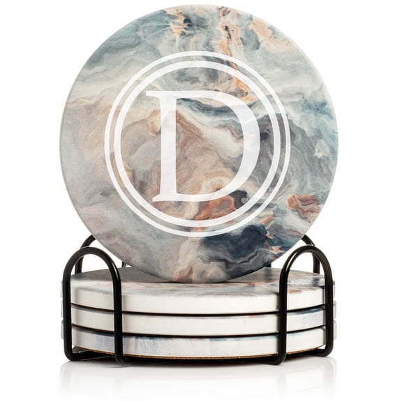 Set of 4 Drink Coasters with Holder Gift Circle Letter D Monogram (Absorbent Ceramic Marble)