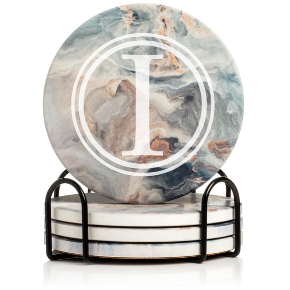 Set of 4 Drink Coasters with Holder Gift Circle Letter I Monogram (Absorbent Ceramic Marble)