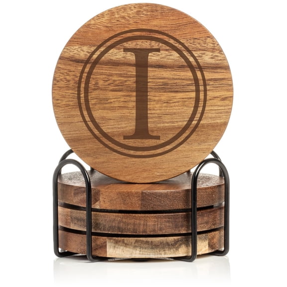 Set of 4 Drink Coasters with Holder Gift Circle Letter I Monogram (Acacia Wood)