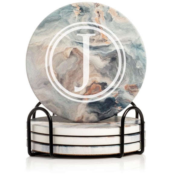 Set of 4 Drink Coasters with Holder Gift Circle Letter J Monogram (Absorbent Ceramic Marble)