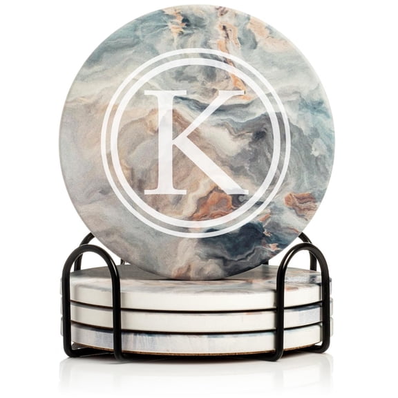 Set of 4 Drink Coasters with Holder Gift Circle Letter K Monogram (Absorbent Ceramic Marble)