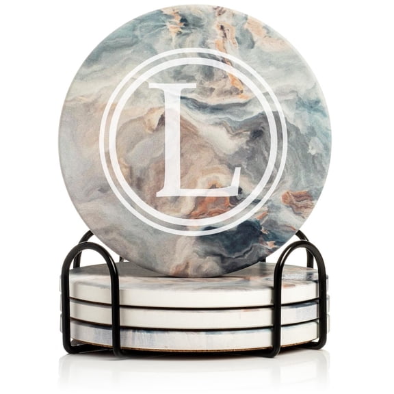 Set of 4 Drink Coasters with Holder Gift Circle Letter L Monogram (Absorbent Ceramic Marble)