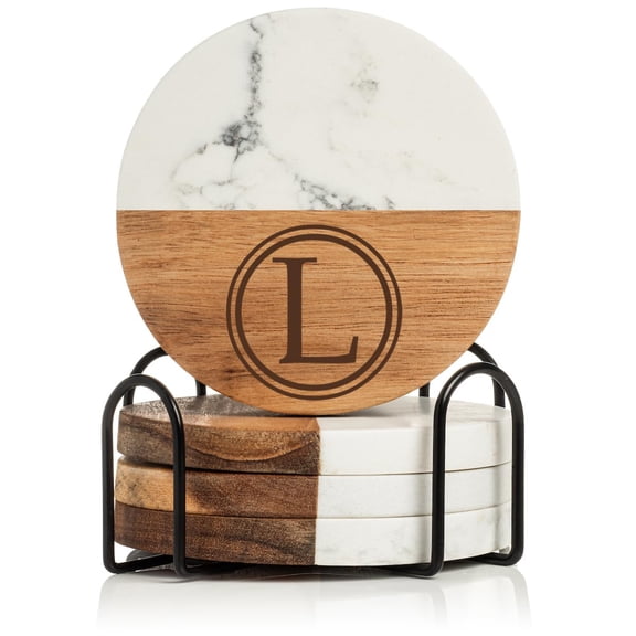 Set of 4 Drink Coasters with Holder Gift Circle Letter L Monogram (Acacia Wood & Marble)
