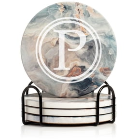 Set of 4 Drink Coasters with Holder Gift Circle Letter P Monogram (Absorbent Ceramic Marble)