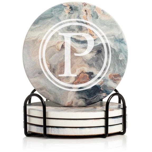 Set of 4 Drink Coasters with Holder Gift Circle Letter P Monogram (Absorbent Ceramic Marble)