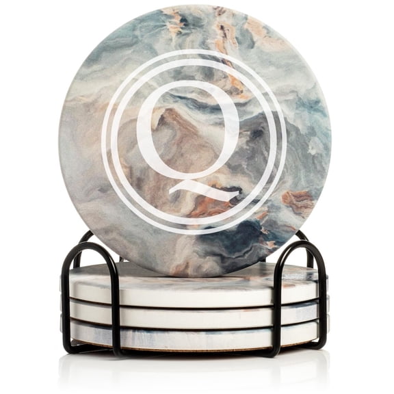 Set of 4 Drink Coasters with Holder Gift Circle Letter Q Monogram (Absorbent Ceramic Marble)
