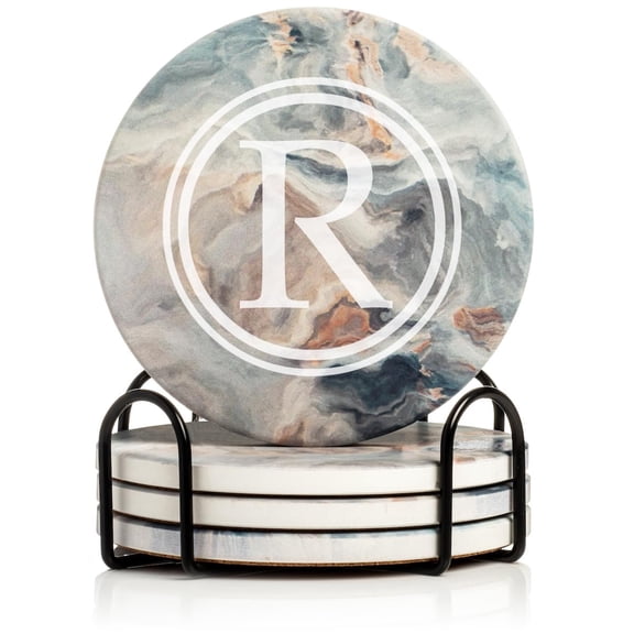Set of 4 Drink Coasters with Holder Gift Circle Letter R Monogram (Absorbent Ceramic Marble)