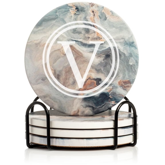 Set of 4 Drink Coasters with Holder Gift Circle Letter V Monogram (Absorbent Ceramic Marble)
