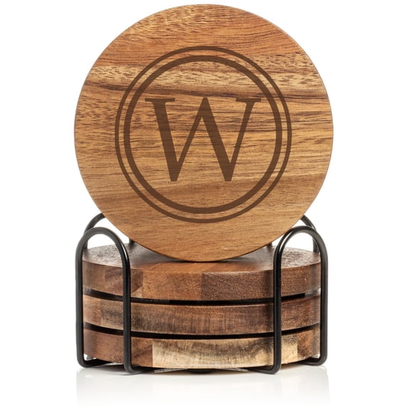 Set of 4 Drink Coasters with Holder Gift Circle Letter W Monogram (Acacia Wood)