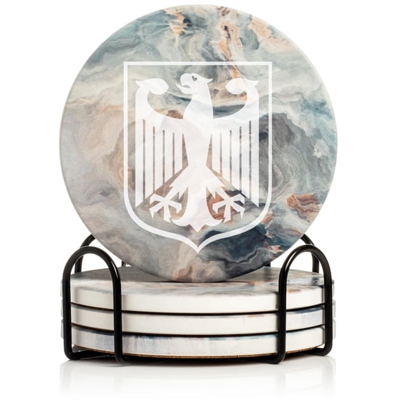 Set of 4 Drink Coasters with Holder Gift Coat of Arms of Germany German Eagle (Absorbent Ceramic Marble)