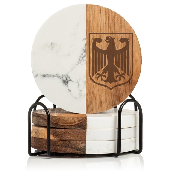 Set of 4 Drink Coasters with Holder Gift Coat of Arms of Germany German Eagle (Acacia Wood & Marble)