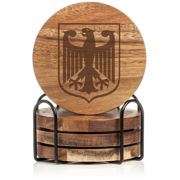 Set of 4 Drink Coasters with Holder Gift Coat of Arms of Germany German Eagle (Acacia Wood)