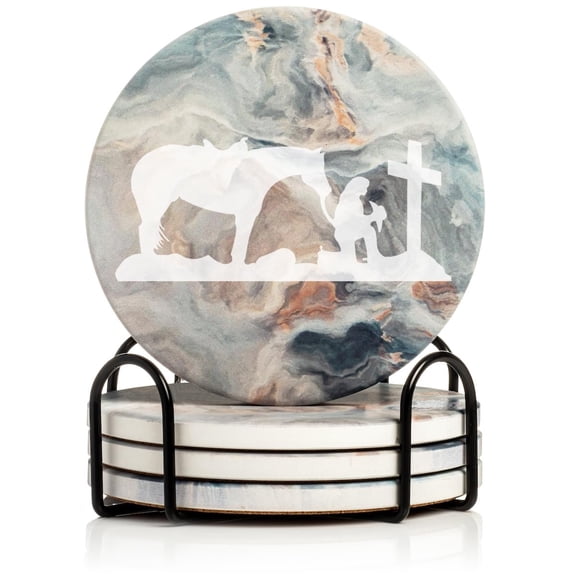 Set of 4 Drink Coasters with Holder Gift Cowgirl Praying Cross Horse (Absorbent Ceramic Marble)
