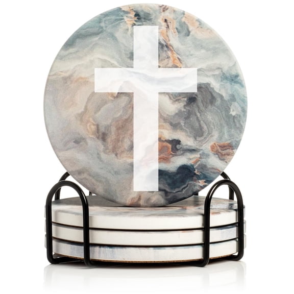 Set of 4 Drink Coasters with Holder Gift Cross Christian (Absorbent Ceramic Marble)
