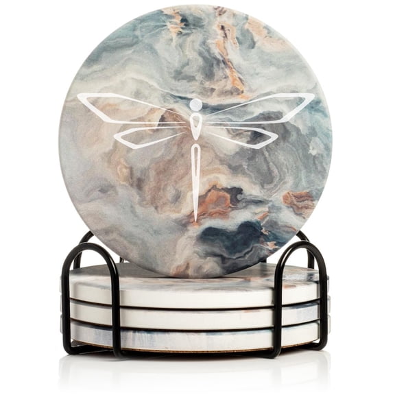 Set of 4 Drink Coasters with Holder Gift Cute Dragonfly (Absorbent Ceramic Marble)