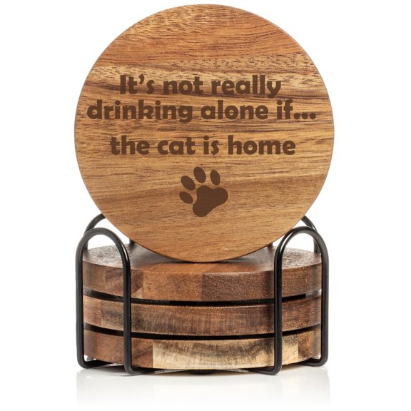 Set of 4 Drink Coasters with Holder Gift Drinking Alone Cat Funny (Acacia Wood)