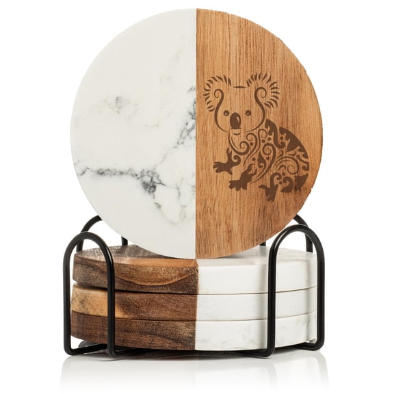 Set of 4 Drink Coasters with Holder Gift Fancy Koala Bear (Acacia Wood & Marble)