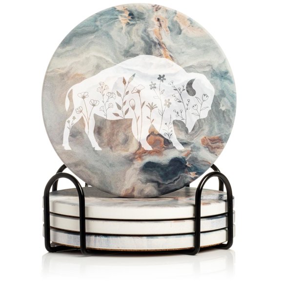 Set of 4 Drink Coasters with Holder Gift Floral Buffalo (Absorbent Ceramic Marble)