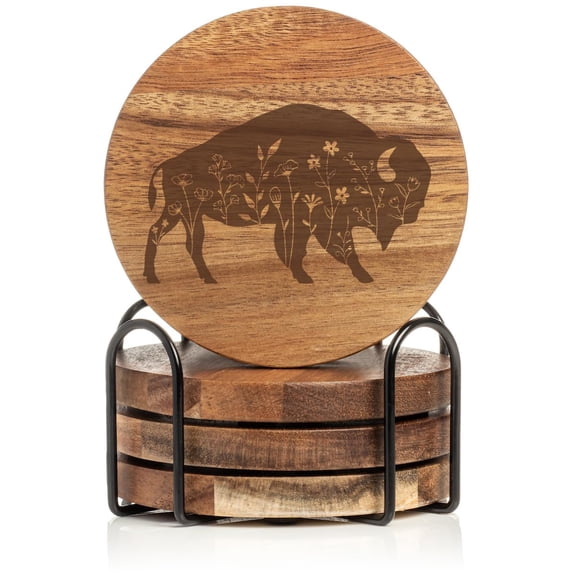 Set of 4 Drink Coasters with Holder Gift Floral Buffalo (Acacia Wood)