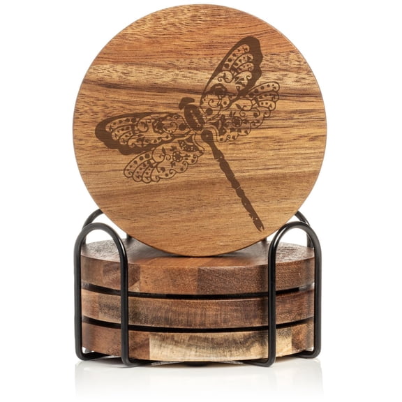 Set of 4 Drink Coasters with Holder Gift Floral Dragonfly (Acacia Wood)