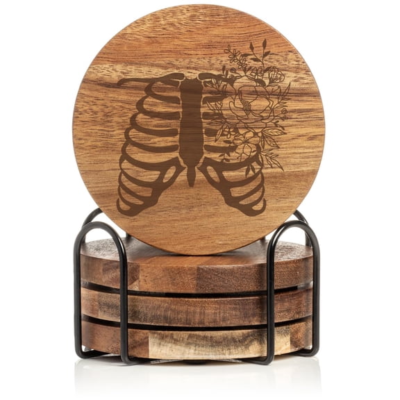 Set of 4 Drink Coasters with Holder Gift Floral Rib Cage Radiologist Radiologic Technologist X-Ray Tech (Acacia Wood)