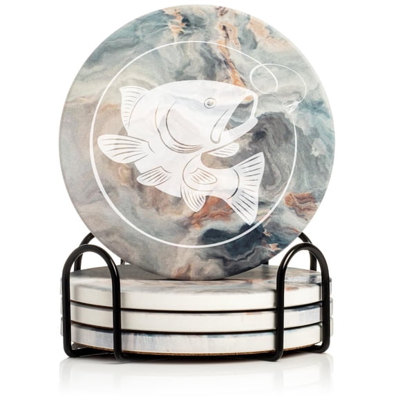 Set of 4 Drink Coasters with Holder Gift Fly Fishing (Absorbent Ceramic Marble)