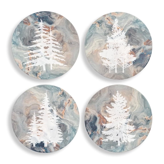 Set of 4 Drink Coasters with Holder Gift Forest Trees Collection (Absorbent Ceramic Marble)