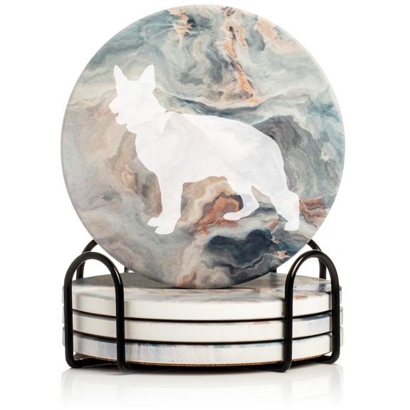 Set of 4 Drink Coasters with Holder Gift German Shepherd (Absorbent Ceramic Marble)