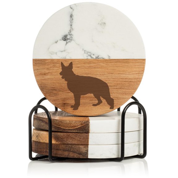 Set of 4 Drink Coasters with Holder Gift German Shepherd (Acacia Wood & Marble)