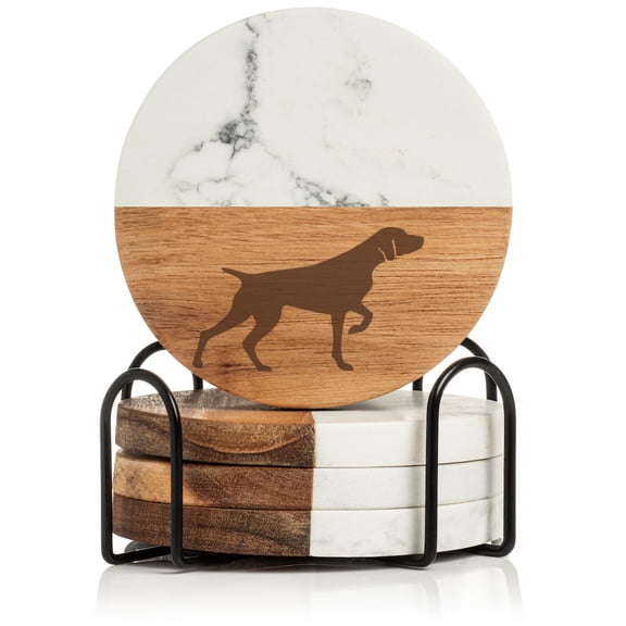 Set of 4 Drink Coasters with Holder Gift German Shorthaired Pointer (Acacia Wood & Marble)