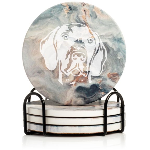 Set of 4 Drink Coasters with Holder Gift German Shorthaired Pointer Face (Absorbent Ceramic Marble)