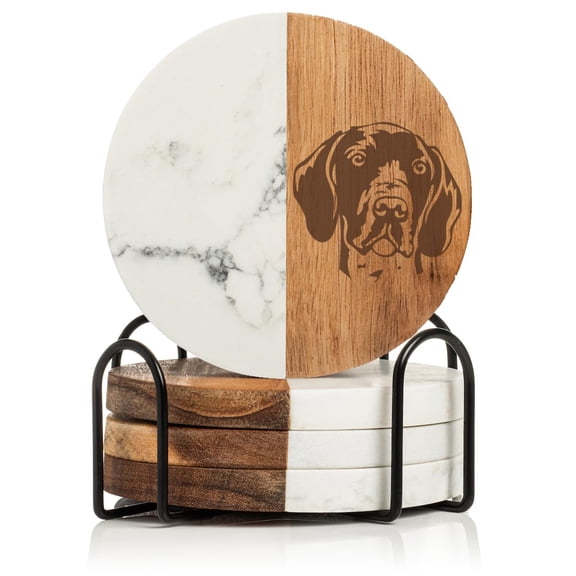 Set of 4 Drink Coasters with Holder Gift German Shorthaired Pointer Face (Acacia Wood & Marble)