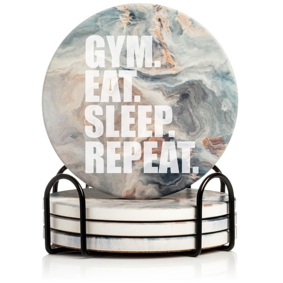 Set of 4 Drink Coasters with Holder Gift Gym Eat Sleep Repeat (Absorbent Ceramic Marble)