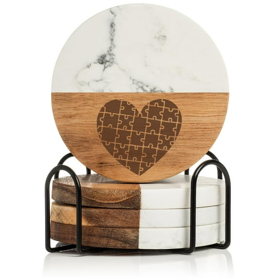 Set of 4 Drink Coasters with Holder Gift Heart Puzzle Autism (Acacia Wood & Marble)