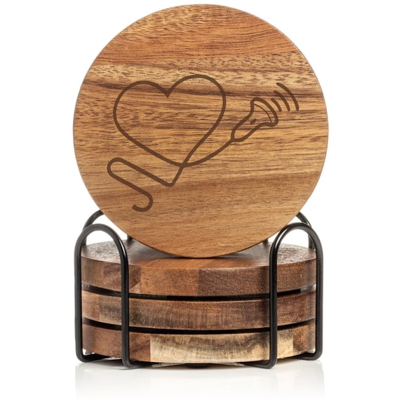 Set of 4 Drink Coasters with Holder Gift Heart Sonographer Ultrasound Tech (Acacia Wood)