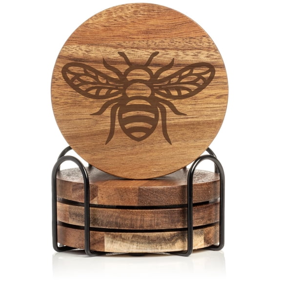 Set of 4 Drink Coasters with Holder Gift Honey Bee (Acacia Wood)
