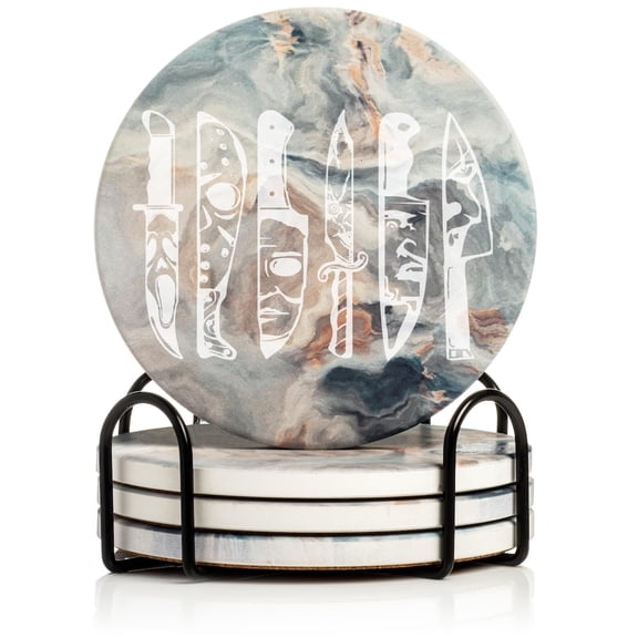 Set of 4 Drink Coasters with Holder Gift Horror Movie Knives Halloween (Absorbent Ceramic Marble)