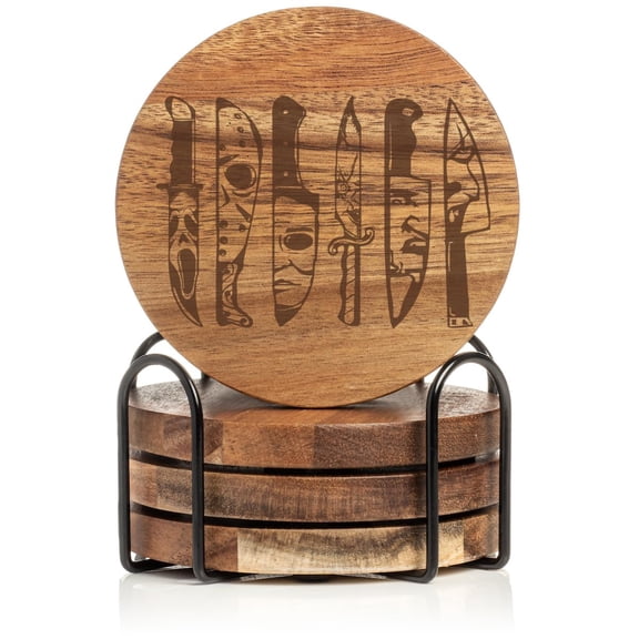 Set of 4 Drink Coasters with Holder Gift Horror Movie Knives Halloween (Acacia Wood)